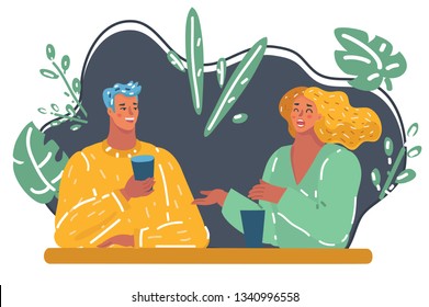 Vector cartoon illustration of couple with positive facial expressions, talk about something wonderful in night cafe, People, relationship, emotions, lifestyle concept.