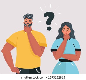 Vector cartoon illustration of Couple with question marks in front of their faces. Man and woman in doubt. Human character on white isolated background.