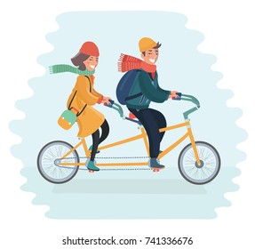 Vector cartoon illustration of couple ride on tandem bicycle in cold season. Winter, autumn, spring. Characters on isolated background