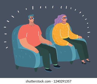 Dibujo vectorial de asientos de parejas en cine, teatro con gafas 3d, . Familia, pareja, cita en cine, hombre y mujer viendo películas.