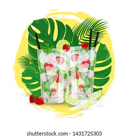 Vector cartoon illustration of couple of strawberry Mojito cocktails. Two glasses of fresh Mojito with strawberry, lime, ice on tropic leaves and sun background. Classic alcohol cocktail, summer drink