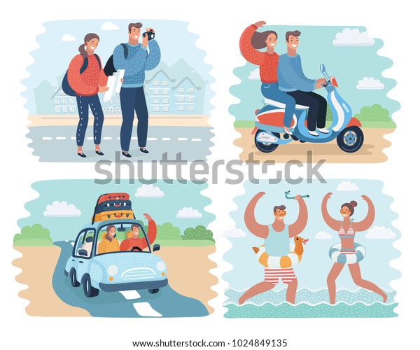 Vector cartoon illustration of couple in\
summer holidays scene: traveling by car, beach, scooter, take\
photo, play volleyball. Together scene. On resort. Characters on\
outdoor backgrounds.