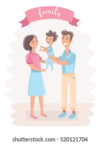 Vector cartoon illustration of couple tenderly embracing son with love. Happy family
