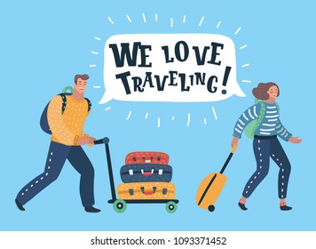 Vector cartoon illustration of Couple of tourists with travel bags. Speech bubble above.