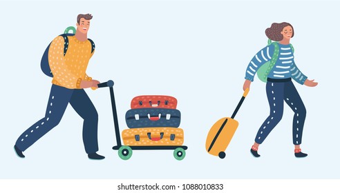 Vector cartoon Illustration of Couple Traveling Together with Luggage. Man and woman going on holidays or vacation, Luggage on wheels, backpacks. Human characters on withe background.