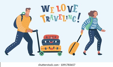 Vector cartoon illustration of couple traveling with luggage.