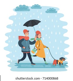 Vector Cartoon Illustration Of A Couple Under An Umbrella Walking In The Rain. Young Man And Woman Character. Autumn Walk The Dog. Puddle And Clouds. Raining Windy Weather. Fall, 