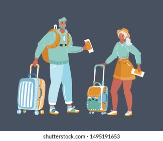 Vector cartoon illustration of couple walking with a luggage. Traveller man and woman with suitcase going to holiday. Human characters on dark bacgkround.
