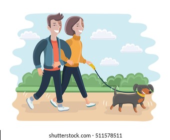 Vector cartoon illustration of couple walking with their dog in the park