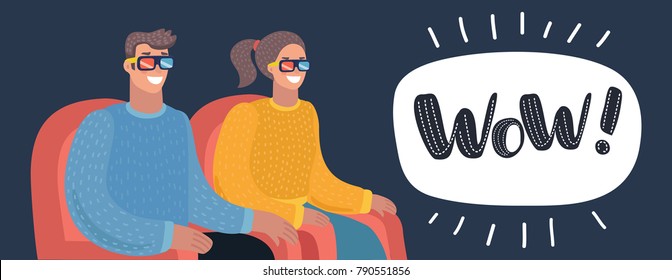 Vector cartoon illustration of couple watching movie in cinema theater in 3d glasses. Movie in stereo glasses. Looking on the Screen in Dark Movie Hall. Cinema Advertising. Horizontal banner