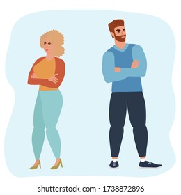 Dibujo vectorial de la pelea de una pareja. El hombre y la mujer se ofendieron, se alejaron unos de otros y rompieron su relación.