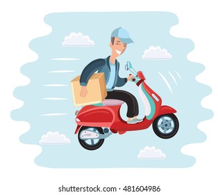 Vector cartoon illustration of courier rides on scooter. Fast delivery. Man fly in the sky with box, package