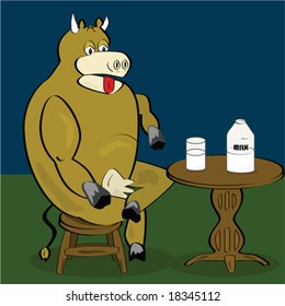 Vector cartoon illustration of a cow sitting down testing milk from a glass. For jpeg version, please see my portfolio.