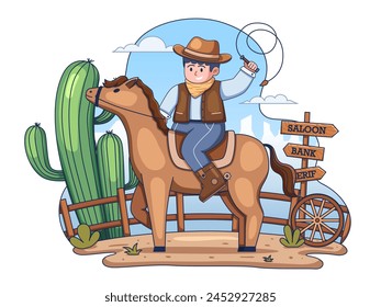 Vector cartoon illustration of a cowboy riding a horse through a desert, with towering cacti and a clear blue sky, capturing the spirit of the Wild West. Perfect for children books, infographics, etc