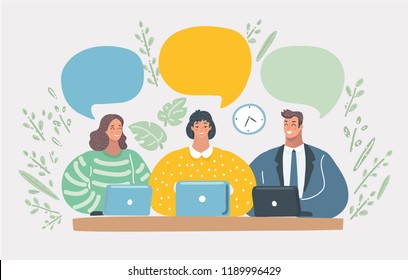 Vector cartoon illustration of Co-working team. Male and female character. Office work. Freelancing. Colleagues working with laptops. Balloon speech in different colors. Isolated on white background.