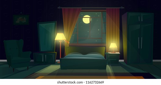 Vector cartoon illustration of cozy bedroom at night. Modern interior of living room with double bed, nightstand with lamp, dresser, armchair, window with curtains in moonlight. Concept background