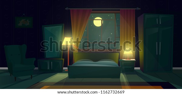 夜の居心地の良い寝室のベクターイラスト リビングルームのモダンな内部 寝台と寝台 ランプと寝台 ドレッサー 肘掛け椅子 月光の中にカーテンをつけた窓 コンセプトの背景 のベクター画像素材 ロイヤリティ フリー