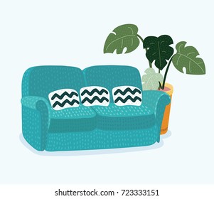 Vector cartoon illustration of cozy couch sofa for modern living room. Monstera plant in pot behind. Isolated object on white background.
