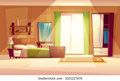 Vector cartoon illustration of a cozy modern bedroom, living room with double bed, bookshelf, cupboard, window, dresser, carpet, interior inside. Colorful background, apartment concept with furniture