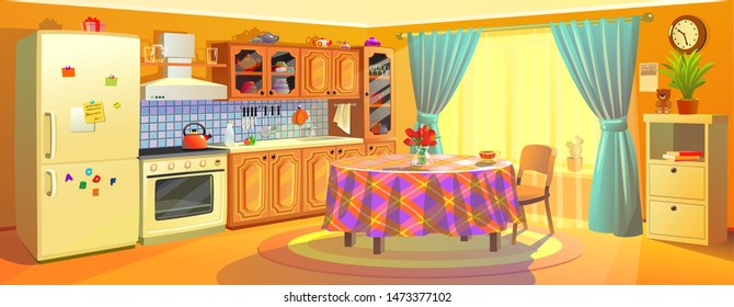 Vector Cartoon Illustration Of A Cozy Modern Kitchen With Appliances, Fridge, Stove, Kettle. Comfortable And Clean Dining Room, Interior Inside, Concept With Furniture And Utensils