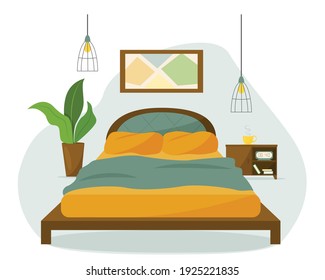 Vector cartoon illustration of a cozy modern bedroom. Double bed, bedside table, books, clock and flower. Bright colors. The concept of an apartment with furniture.