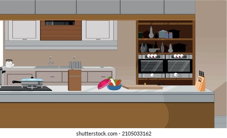 Vector cartoon illustration of cozy modern kitchen with dinner table and household appliances, fridge, stove, microwave, exhaust hood. Comfortable, clean dining-room, with tableware, interior inside