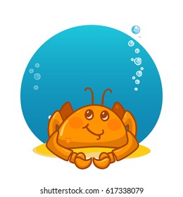 Vector cartoon illustration. Crab with bubbles and water background. Kawaii smiling character, undersea animal. Happy crab on sand 