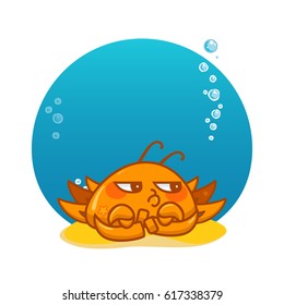 Vector cartoon illustration. Crab with bubbles and water background. Kawaii smiling character, undersea animal. Moody crab on sand
