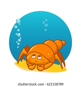 Vector cartoon illustration. Crab with bubbles and water background. Kawaii smiling character, undersea animal. Sly crab with shall on sand