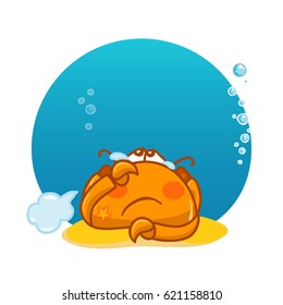 Vector cartoon illustration. Crab with bubbles and water background. Kawaii smiling character, undersea animal. Sad crab with tears and bubble on sand