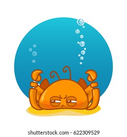 Vector cartoon illustration. Crab with bubbles and water background. Kawaii smiling character, undersea animal. Wicked crab on sand