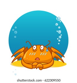 Vector cartoon illustration. Crab with bubbles and water background. Kawaii smiling character, undersea animal. Scared crab on sand