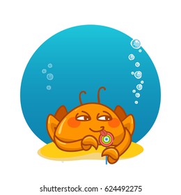 Vector cartoon illustration. Crab with bubbles and water background. Kawaii smiling character, undersea animal. Smiling crab with lolly pop on sand