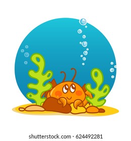Vector cartoon illustration. Crab with bubbles and water background. Kawaii smiling character, undersea animal. Happy crab with seaweeds and corals on sand