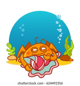 Vector cartoon illustration. Crab with bubbles and water background. Kawaii smiling character, undersea animal. Crab with shell on sand