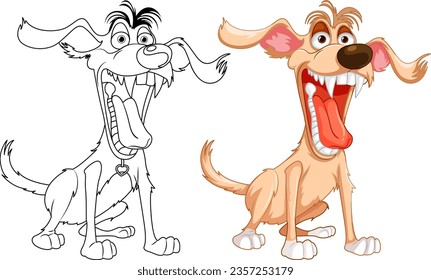 A vector cartoon illustration of a crazy dog with its mouth open, revealing sharp teeth