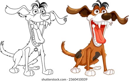 A vector cartoon illustration of a crazy dog with its mouth open, showing sharp teeth and an outline for colouring