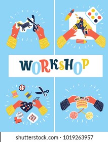 Vector cartoon illustration of creative kids lab, top view, creative kids hands. Cutting paper, painting, knitting, embroidery, applique, sawing. Child workshop. Colorful concept in modern style set.