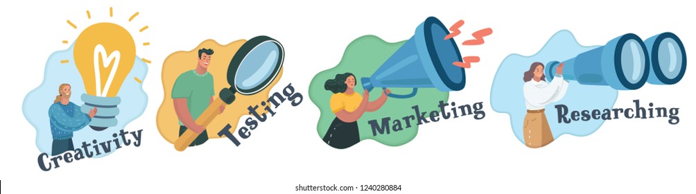 Vector cartoon illustration of creative team set concept. Smm, HR, researching, testing, marketing, blogging, creativity. Different professionals character.