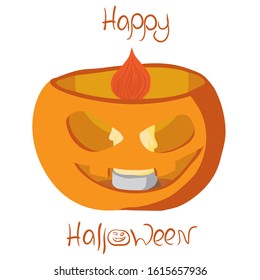 Vector cartoon illustration for creepy holiday. Hand written text Happy Halloween. Burning candle in orange pumpkin with scary face. Jack Lantern candlestick . Fire. Concept of joy, fear, horror, fun