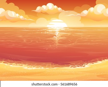 Vector Cartoon Illustration Of A Crimson Sun, Sunrise Or Sunset On The Sea. For Print, Create Videos Or Web Graphic Design, User Interface, Card, Poster.