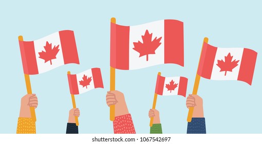 Vector cartoon illustration of the crowd with Canada flags in human hands. Crowd citizen.