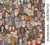 Vector Cartoon Illustration - Crowd of People Different Age, Nation and Occupation. Background of Characters Faces.