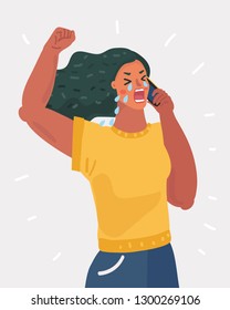 Vector cartoon illustration of Crying Lonely Woman Phone Call. Unhappy.Tears On The Face, Disappointed Girl. Female character on white background.