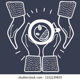 Vector cartoon illustration of cups with a herbal tea in the hands of men and women. Human care concept, friends support.