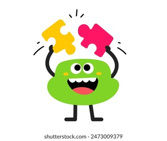 Vector cartoon illustration of cute abstract shape happy character with puzzle piece in hand on white color background. Flat style child doodle design of smile geometric monster solve problem for web
