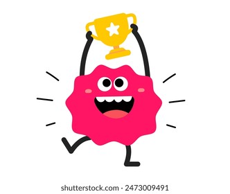 Vector cartoon illustration of cute abstract shape happy character with winner cup in hand on white color background. Flat style child doodle design of smile geometric monster. Kid character champion