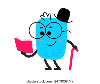 Vector cartoon illustration of cute abstract shape happy character with glasses and book in hand on white color background. Flat style child doodle design of smile geometric monster in hat for web