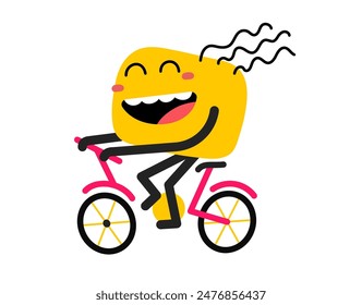 Vector cartoon illustration of cute abstract shape happy character ride on bike on white color background. Flat style child doodle design of smile geometric monster. Kid character with bicycle for web