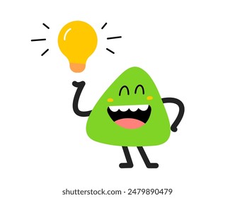 Ilustración de dibujos animados de Vector de la forma abstracta linda personaje feliz con la bombilla en la mano en el fondo de color blanco. Diseño de garabato infantil de estilo plano de monstruo geométrico sonrisa. El personaje infantil piensa